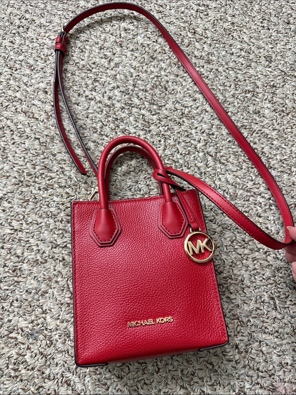 Michael Kors Mercer Red Pebbled Leather Mini Tote with Gold MK Charm